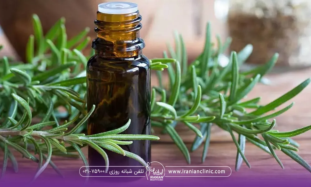 یک شیشه که رنگش قهوه ای است و دور آن برگهای رزماری است